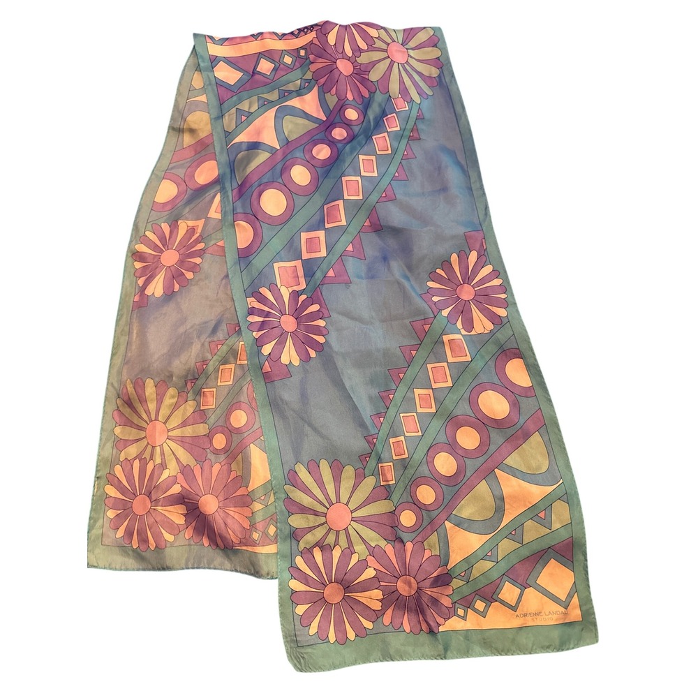 Adrienne Landau Studio 100% Silk Scarf Floral Geometric Multicolor 52"